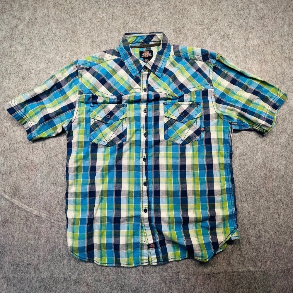 Dickies Button Up Shirt Western Yoke Cotton Blue Green Plaid Mens Large